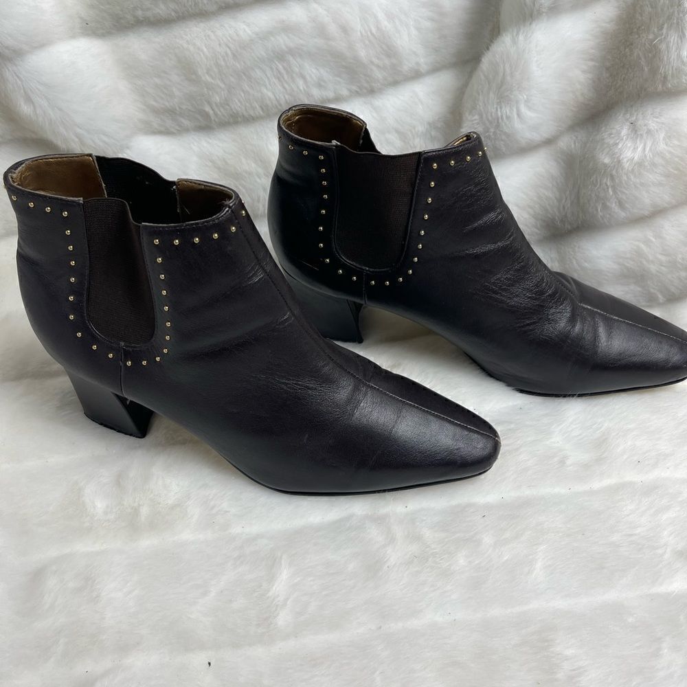 Stefani leather dark brown ankle boots slip on gold tone studs accent si…